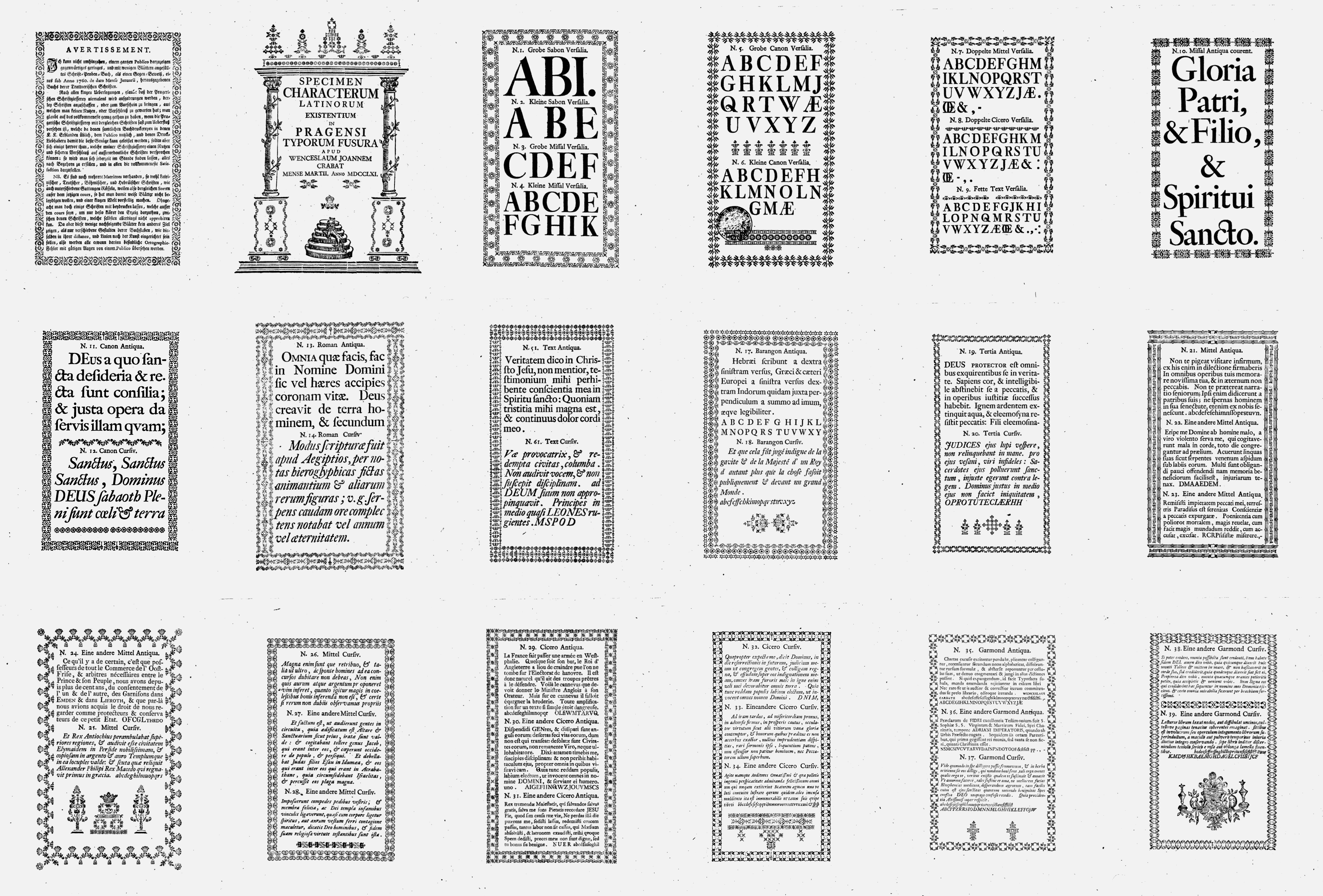 The first part of the specimen, devoted to Latin type, presents sizes ranging from Grobe Sabon (66 pt) down to Petit (8 pt). In the preface, Krabat explains that his workshop had additional matrices that were not included in the specimen. It is therefore a selection of the typefaces most commonly used at the time, reflecting current demand from printers.
